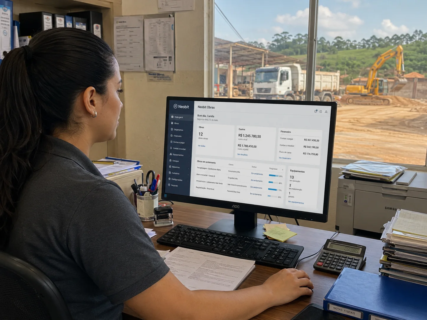 Secretária usando o Neobit Obras no computador, em um escritório de empresa de terraplenagem